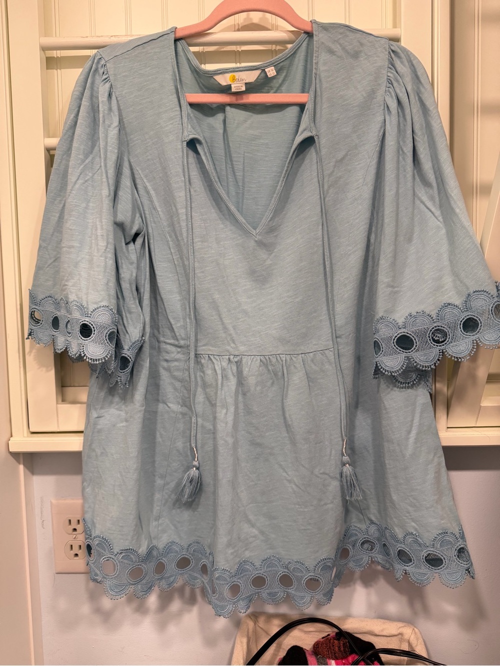 Boden Seafoam Blue Embroidered Tunic Top with Tassel Tie